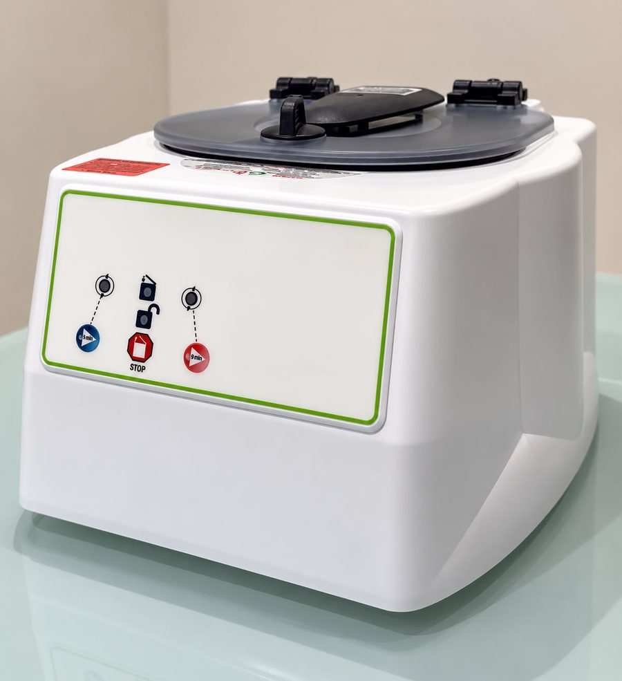 Centrifugeuse utilisée au centre de santé Ophsem, Paris 12, pour préparer le plasma riche en plaquettes (PRP) à partir du sang du patient
