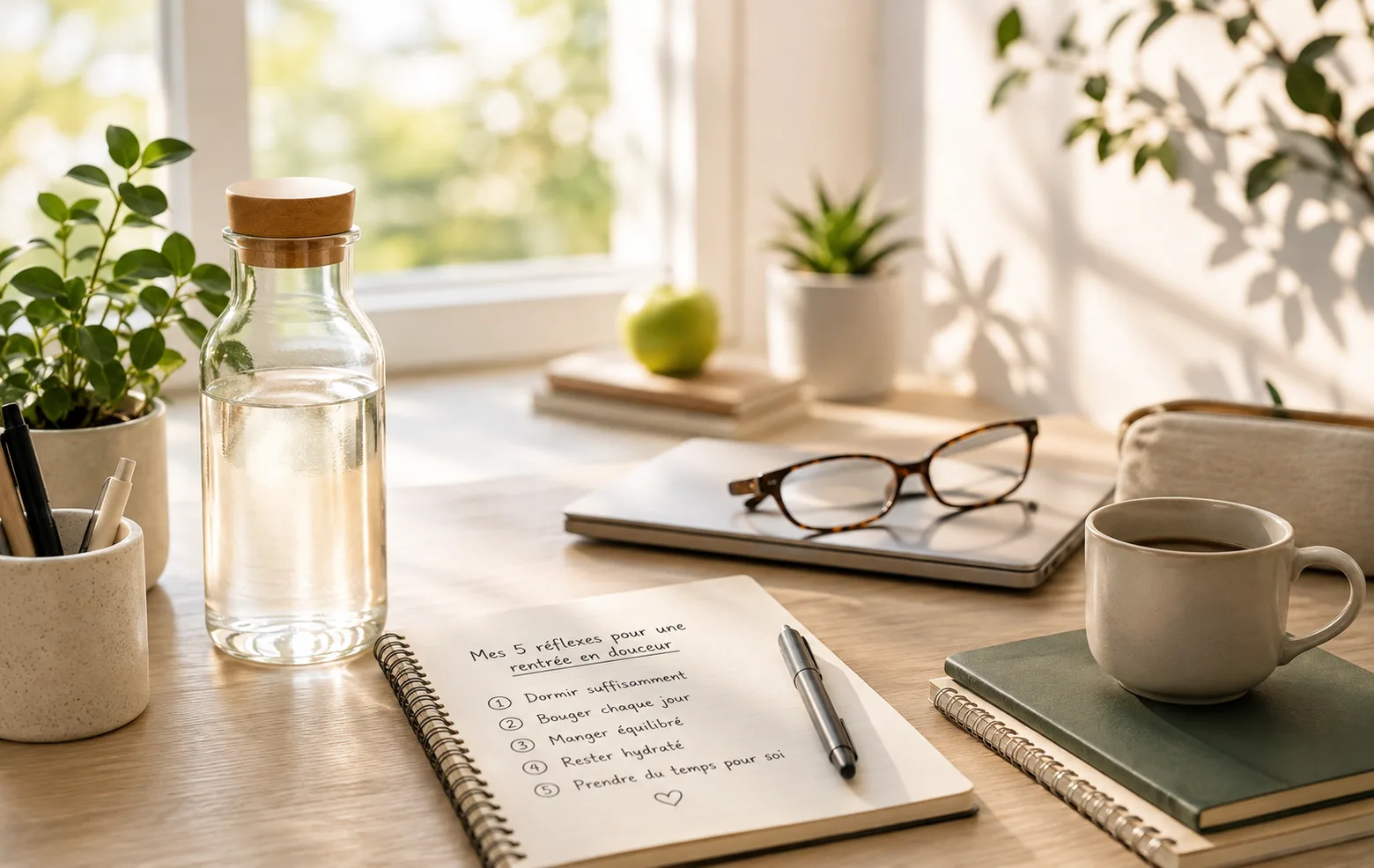 Bureau lumineux de rentrée : carnet ouvert sur une liste manuscrite « Mes 5 réflexes pour une rentrée en douceur », carafe d'eau, lunettes posées sur un ordinateur portable et tasse de café